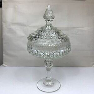 Vintage Style Clear Glass Lidded Candy Dish Pedestal Diamond Cut Decor Bowl